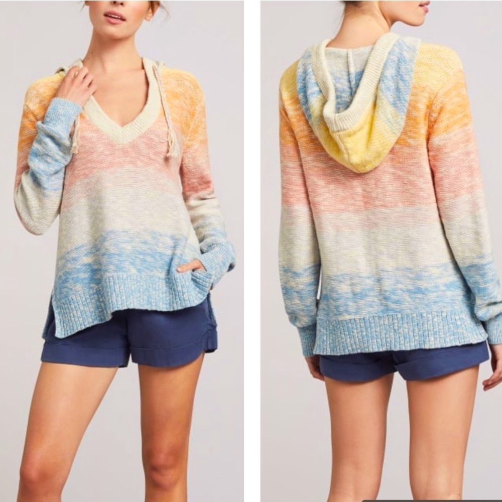 Faherty Pastel Multicolor Hooded V-Neck Sweater - Yellow, Pink, Blue, Cream